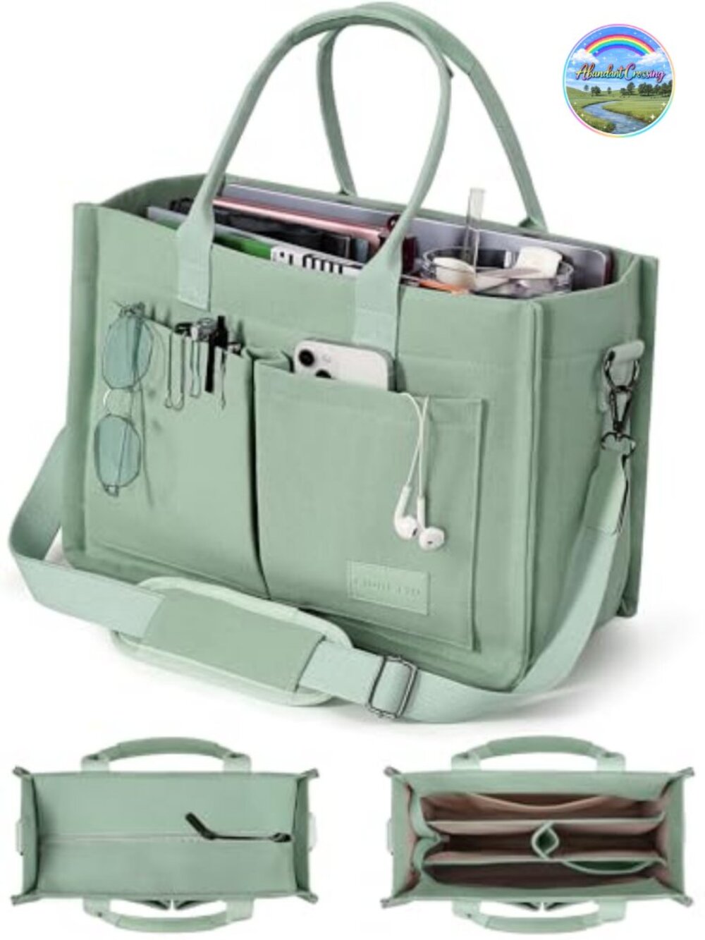 Canvas Tote Bag with Zipper Top & Compartments for Work Travel